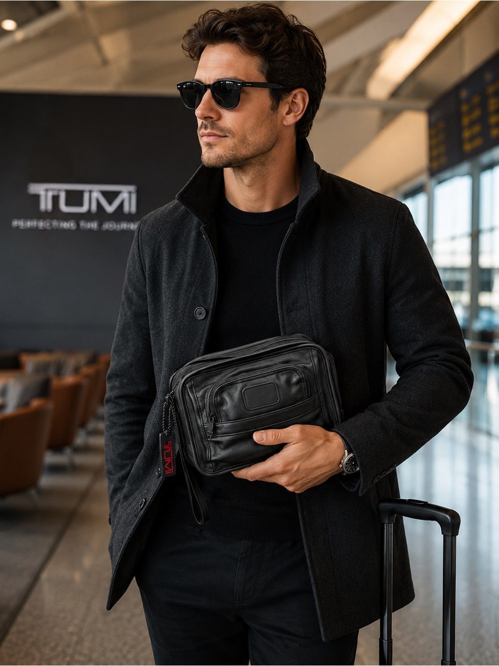 TUMI Men’s Organizer Clutch Black Leather Travel Toiletry Bag Wristlet VTG 995D